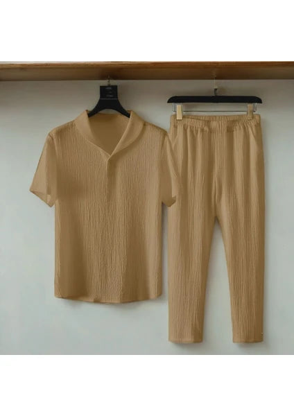 Glamira Alaçatı Stili Erkek Bürümcük Krinkıl Kumaş Yazlık Likralı Polo Yaka Tshirt ve Eşofman Takım Kombini